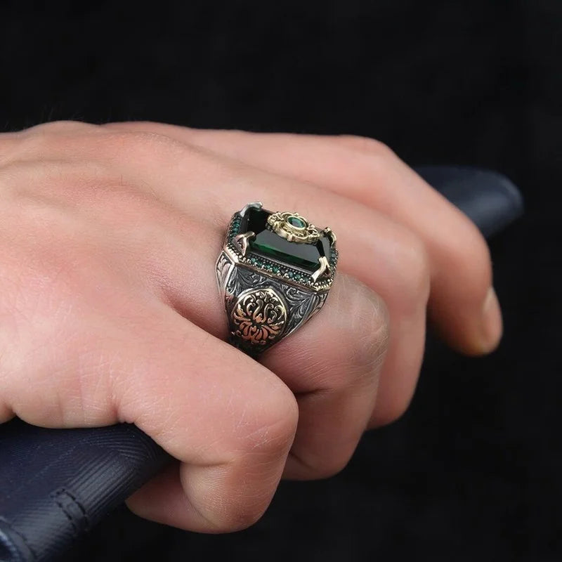 Men's Vintage Turkish Green Zircon Signet Ring
