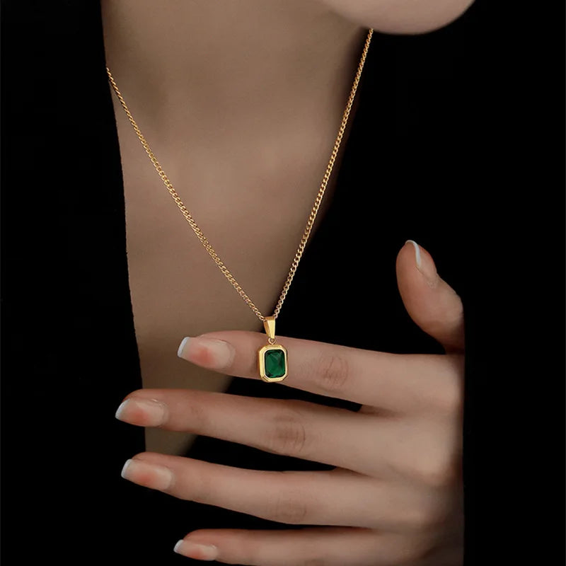 Emerald Zirconia Square Pendant Necklace, Gold Plated