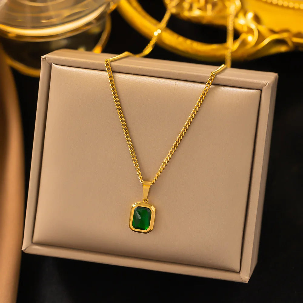 Emerald Zirconia Square Pendant Necklace, Gold Plated