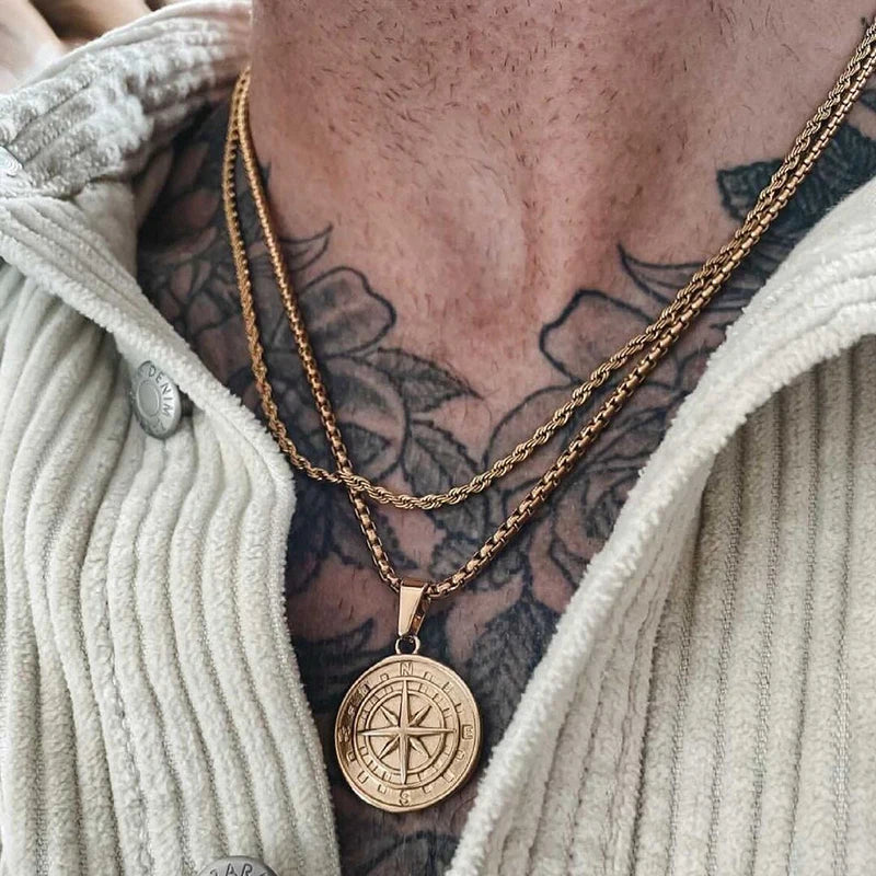 Men's Compass Pendant Necklace, Gold Stainless Steel