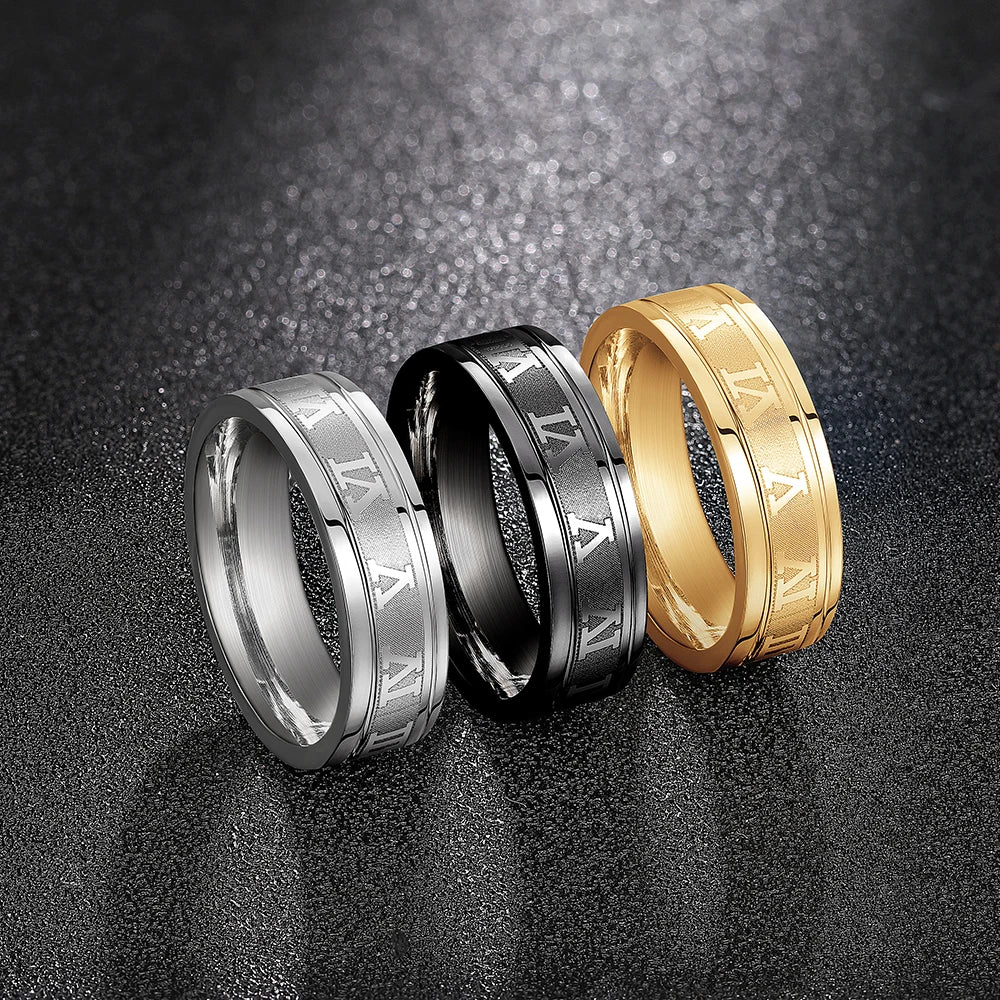Men's Roman Numeral Band Ring, Brushed Stainless Steel