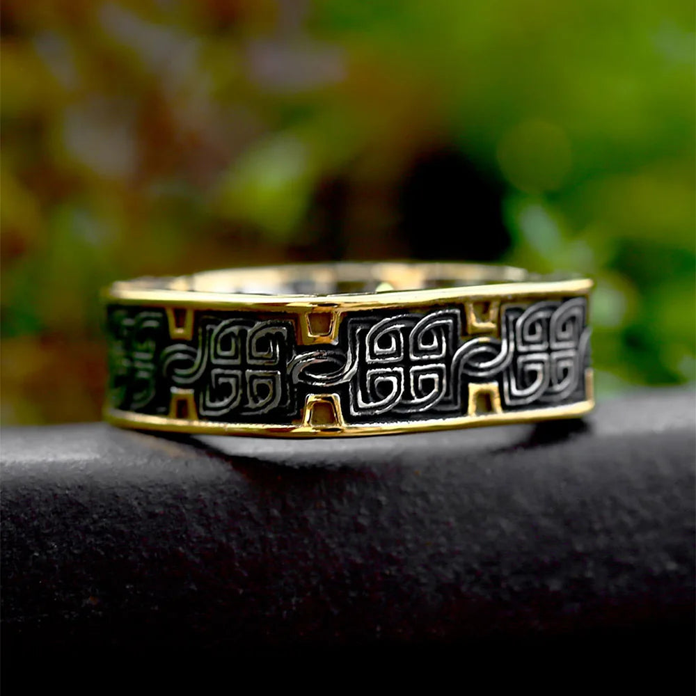 Men's Viking Square Signet Ring, Black Embossed Steel