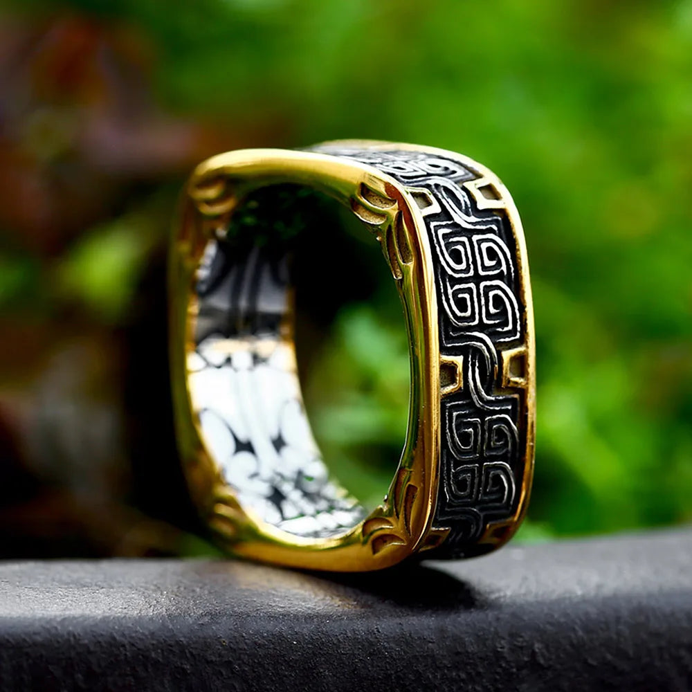 Men's Viking Square Signet Ring, Black Embossed Steel