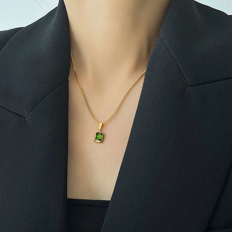 Emerald Zirconia Square Pendant Necklace, Gold Plated