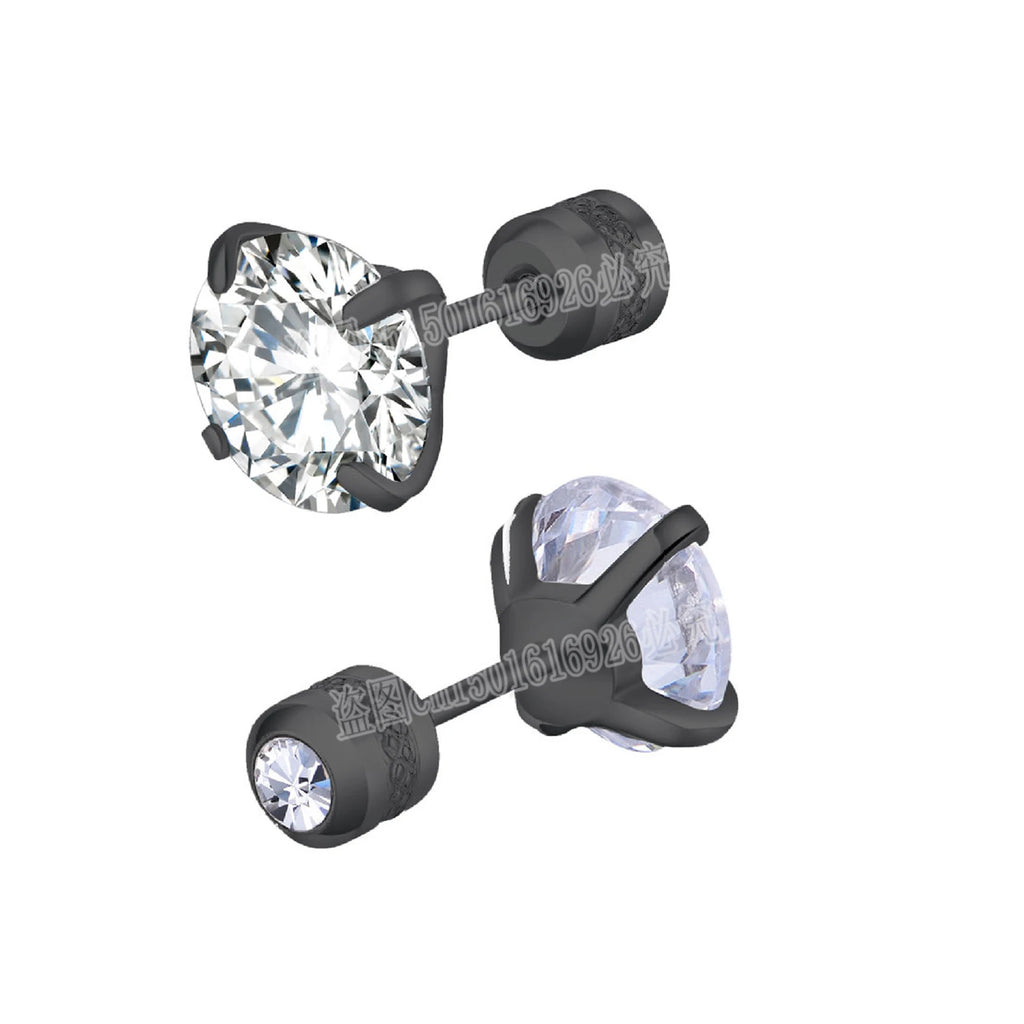 Men's Round Crystal Stud Earrings, Black Top