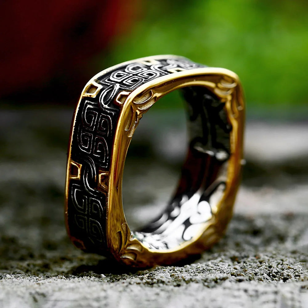 Men's Viking Square Signet Ring, Black Embossed Steel