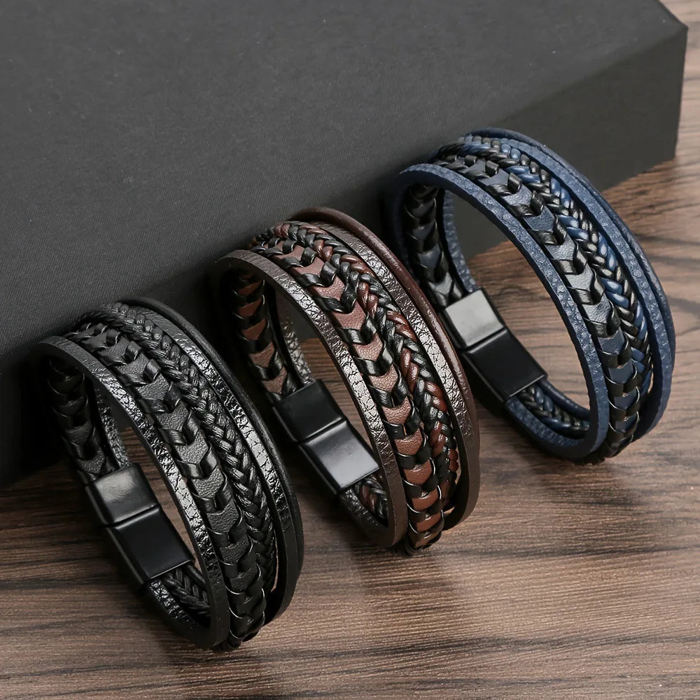Men's Braided Leather Bracelet with Magnetic Clasp