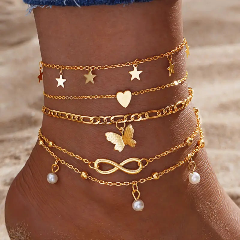 Vintage butterfly layered anklet set