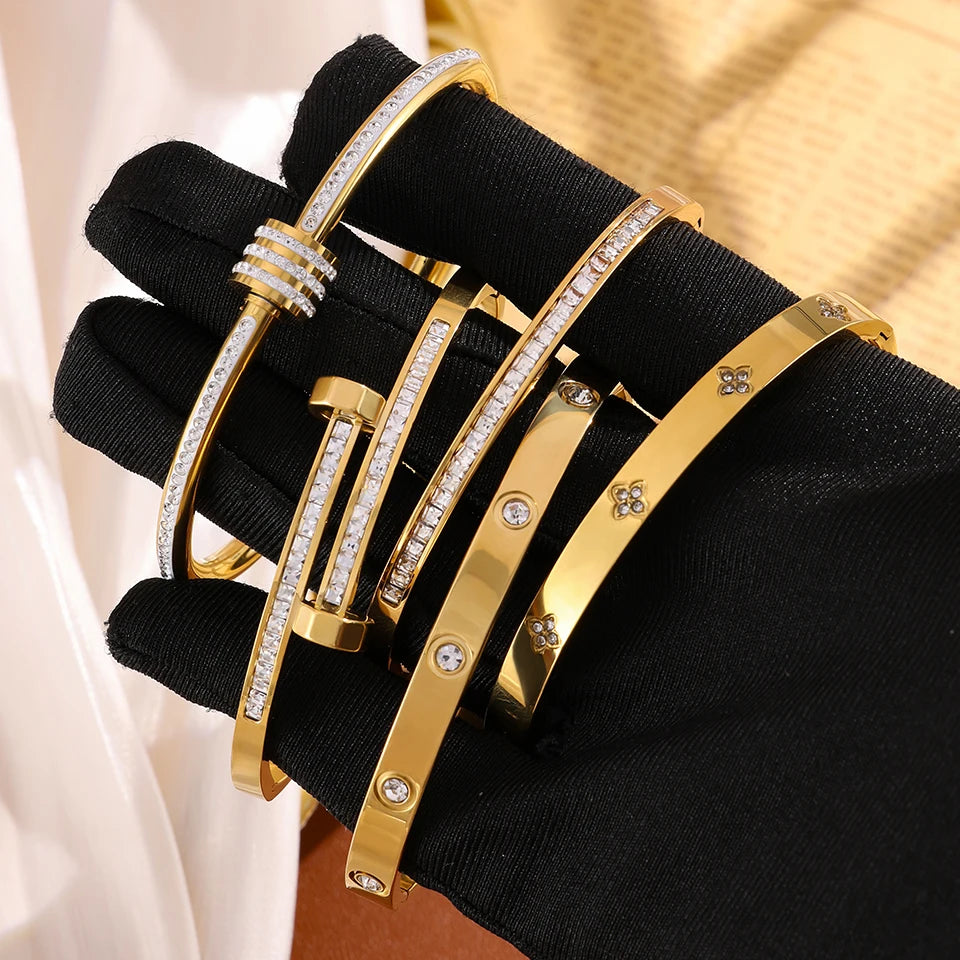 Titanium Steel Couple's Stacked Bangle Bracelet, Zircon Inlaid