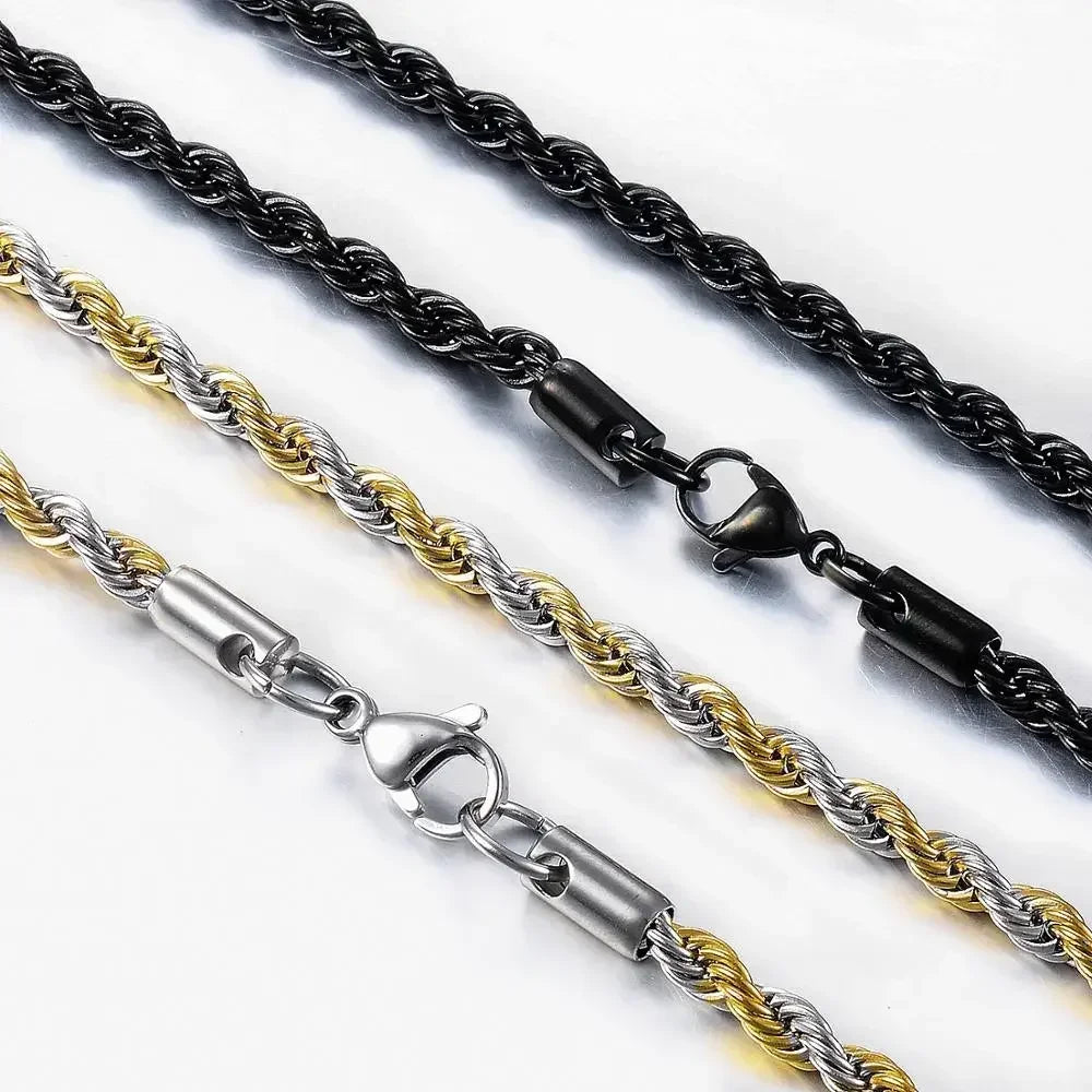Men's Twisted Rope Chain Necklace, Stainless Steel