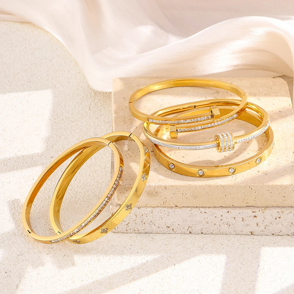 Titanium Steel Couple's Stacked Bangle Bracelet, Zircon Inlaid