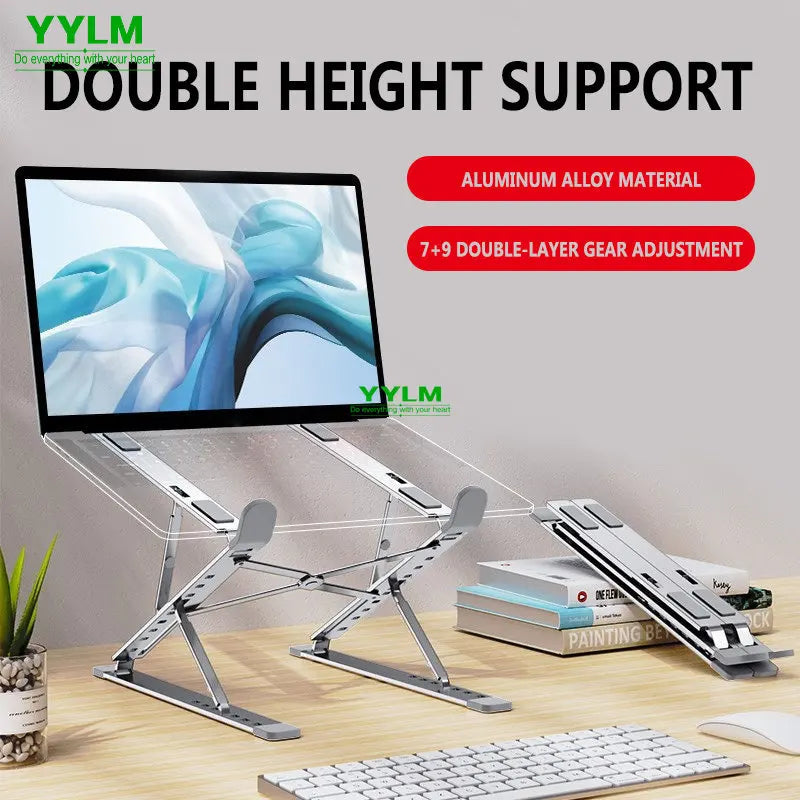 Foldable aluminum laptop stand with laptop at eye level