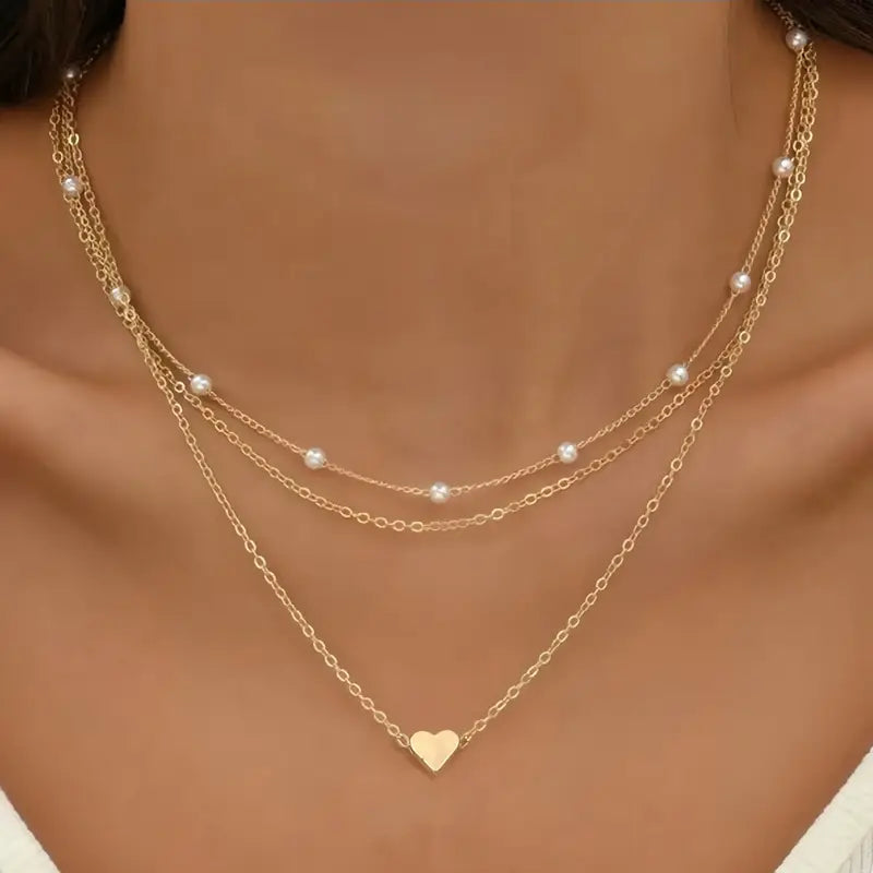 Multilayer pearl cross heart pendant necklace