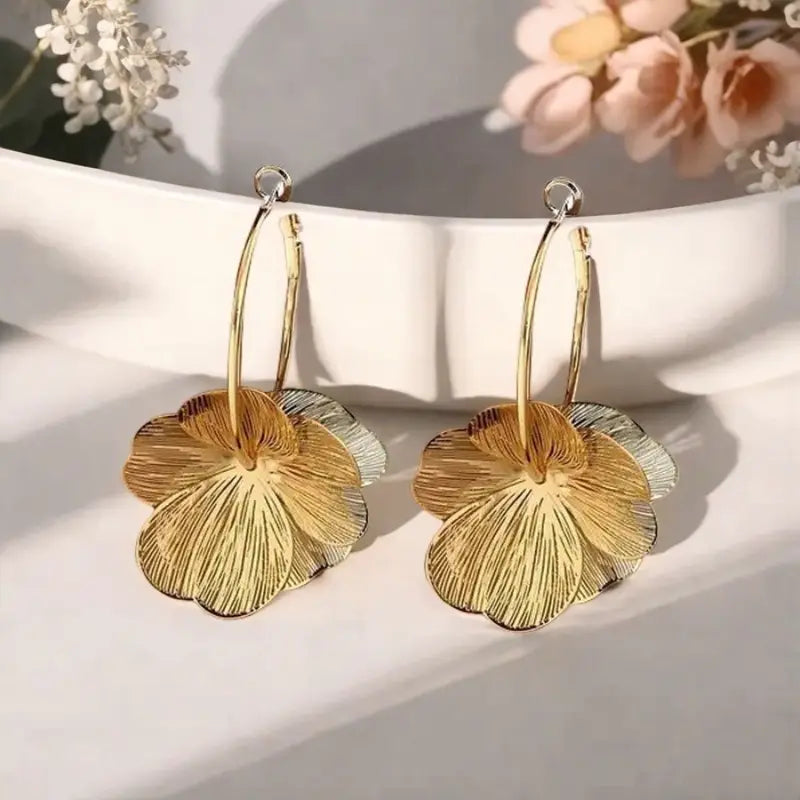 Gold plated floral petal hoop earrings