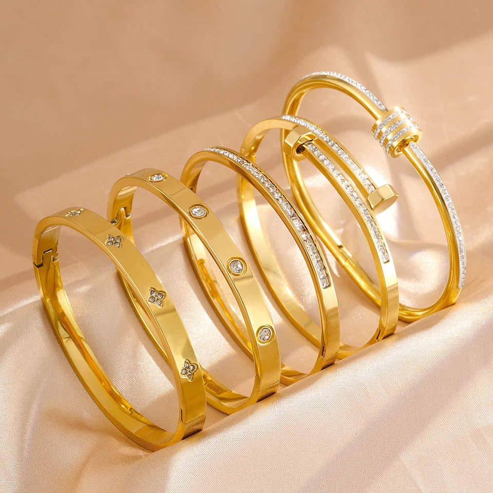 Titanium Steel Couple's Stacked Bangle Bracelet, Zircon Inlaid