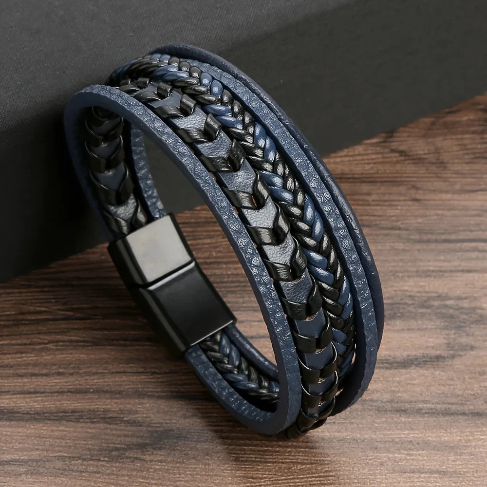 Men's Multi-Layer Braided Leather Bracelet, Magnetic Buckle