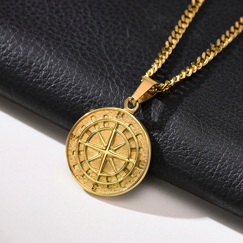 Men's Compass Pendant Necklace, Gold Stainless Steel