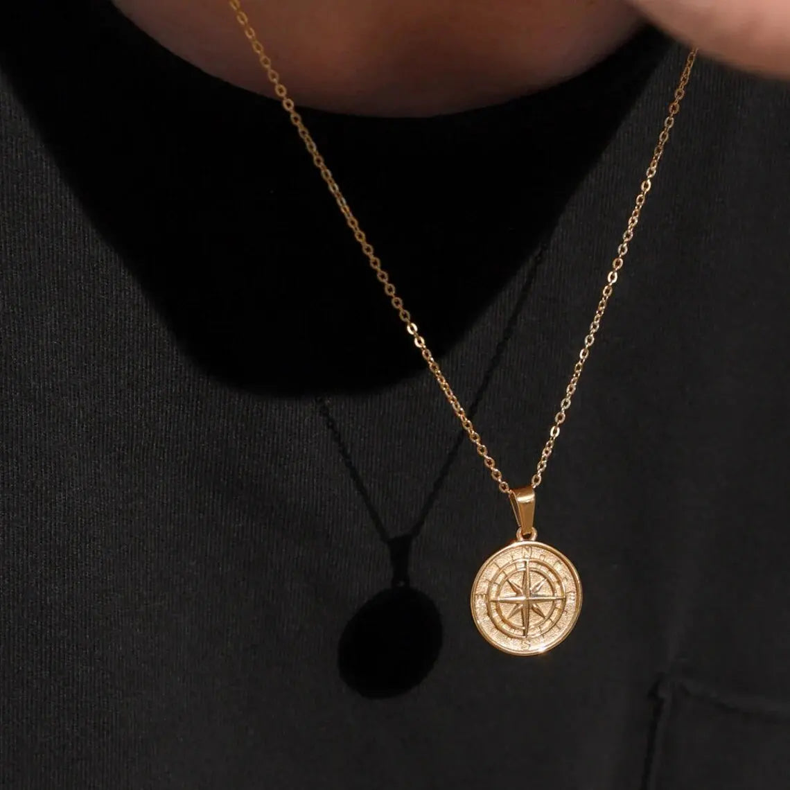 Men's Compass Pendant Necklace, Gold Stainless Steel