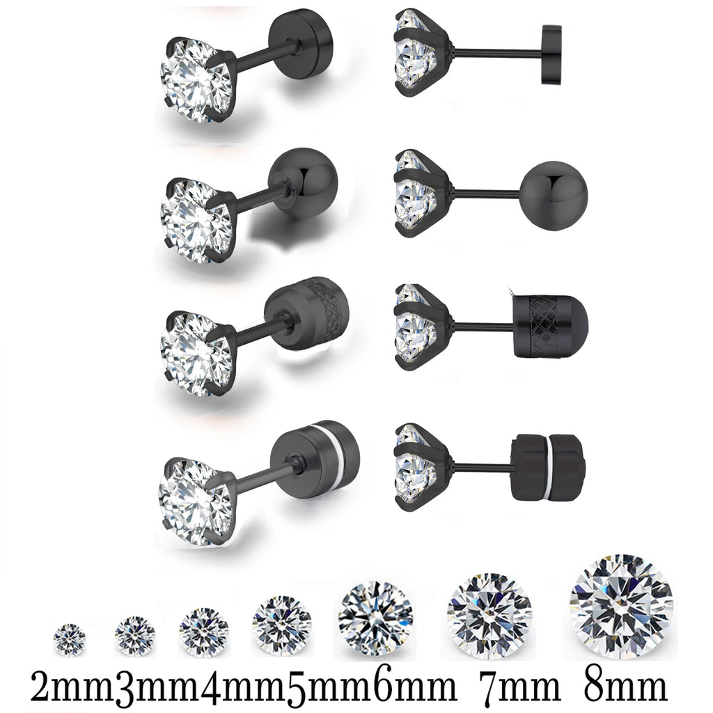 Men's Round Crystal Stud Earrings, Black Top