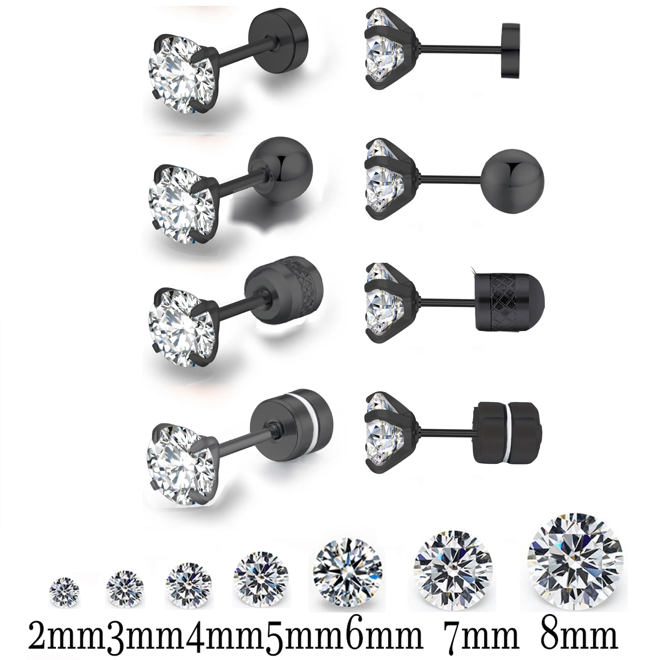 Men's Round Crystal Stud Earrings, Black Top
