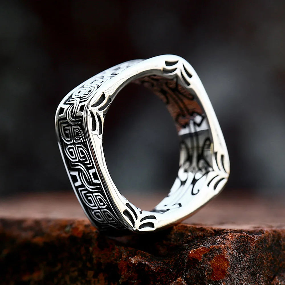Men's Viking Square Signet Ring, Black Embossed Steel