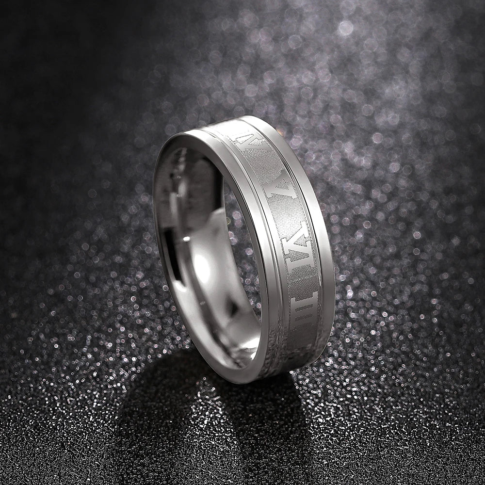 Men's Roman Numeral Band Ring, Brushed Stainless Steel