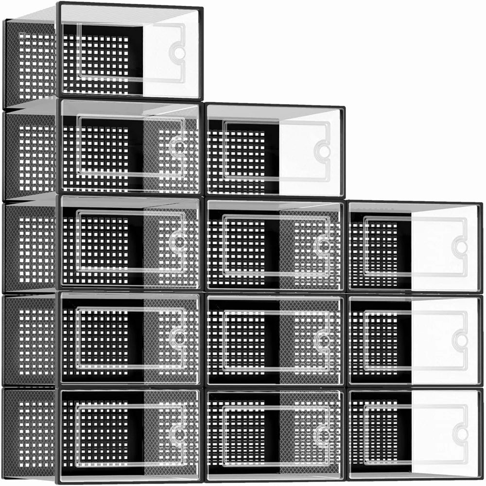 12-pack stackable shoe storage boxes with clear doors