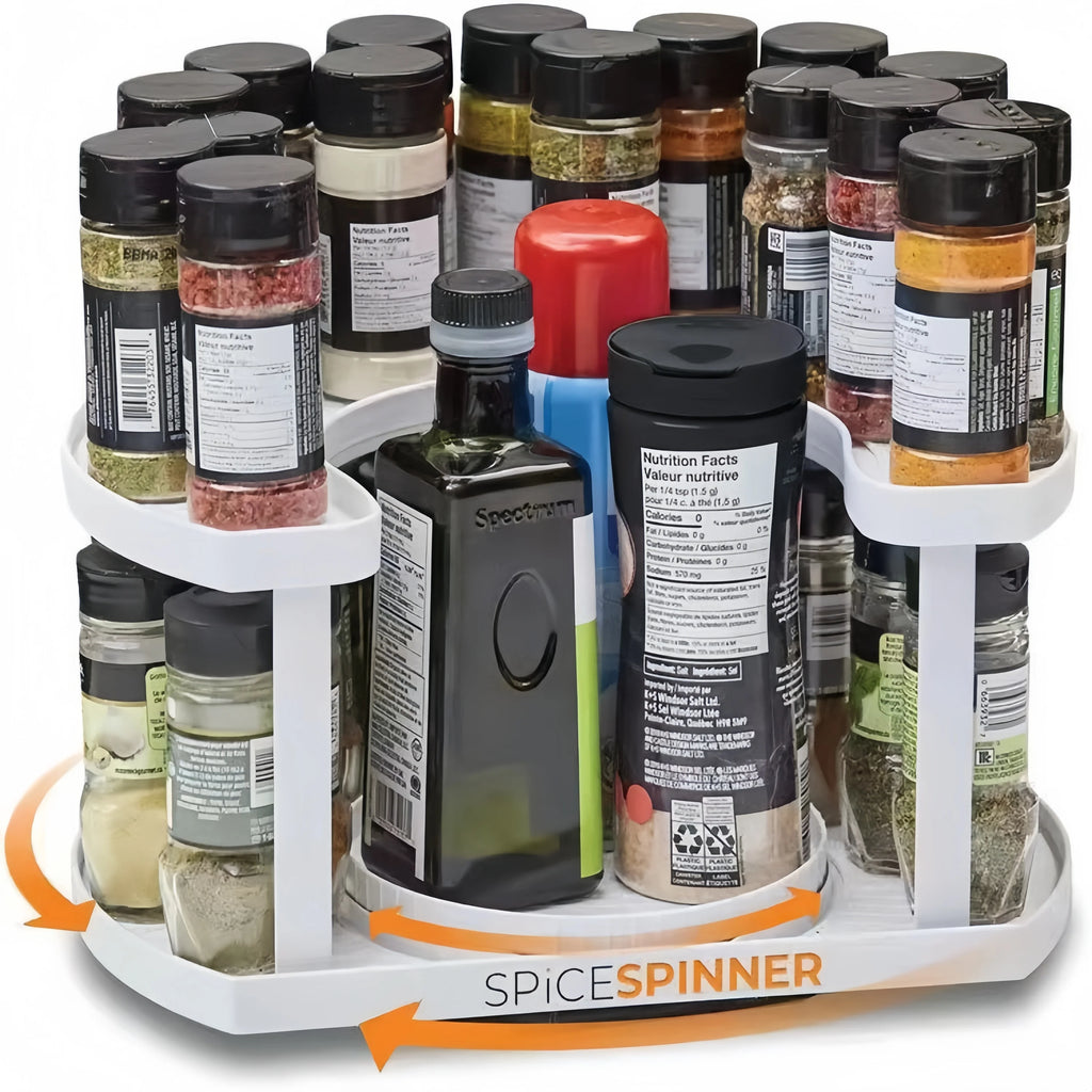 360 rotating two-tier spice rack loaded with jars