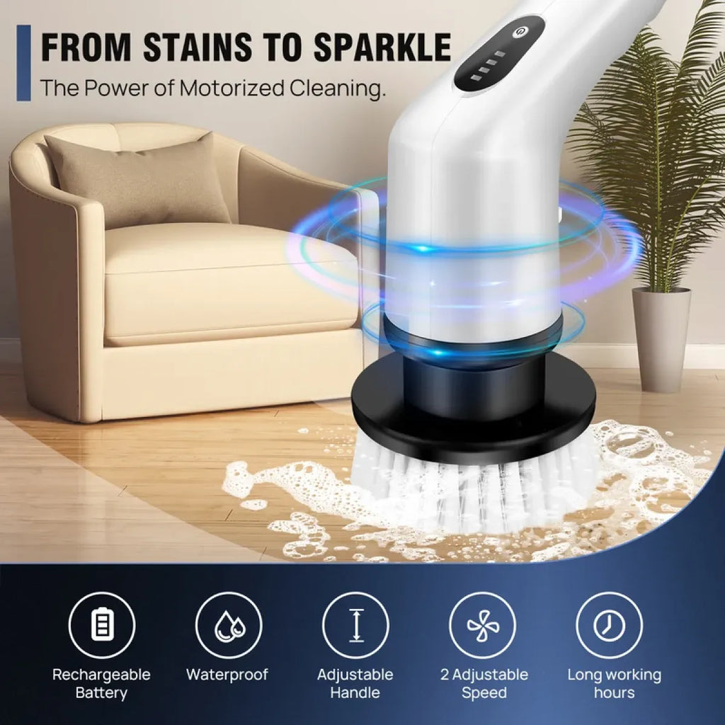 Cordless electric spin scrubber, black, with extension handle and brush heads